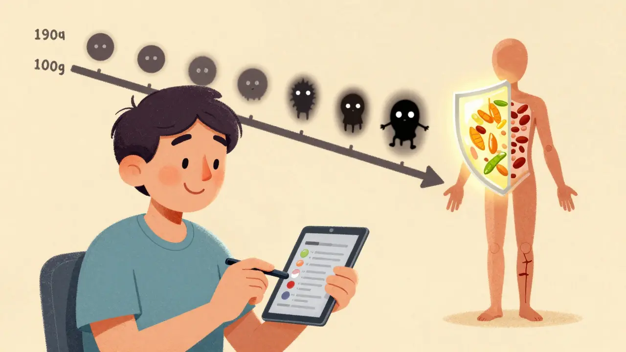 A patient reviewing blood test results with a protective shield of vitamins guarding against deficiency symptoms.