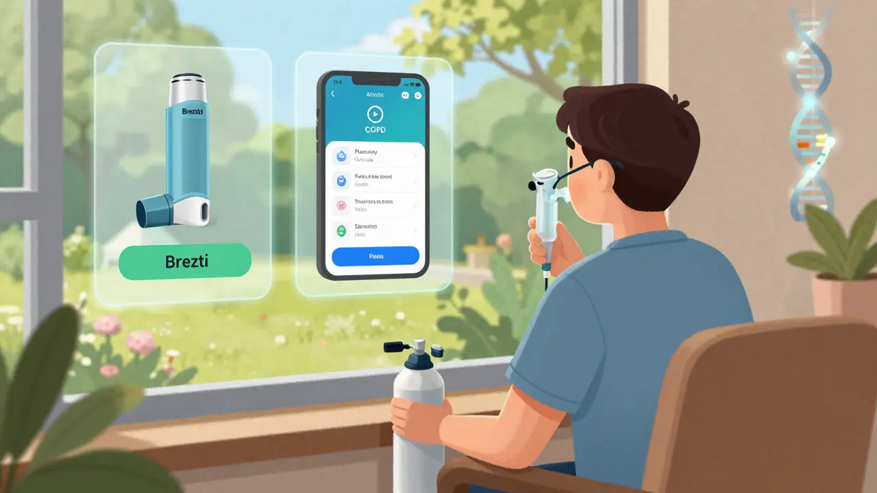 A person at home using oxygen, with floating icons showing modern COPD treatments and technology.