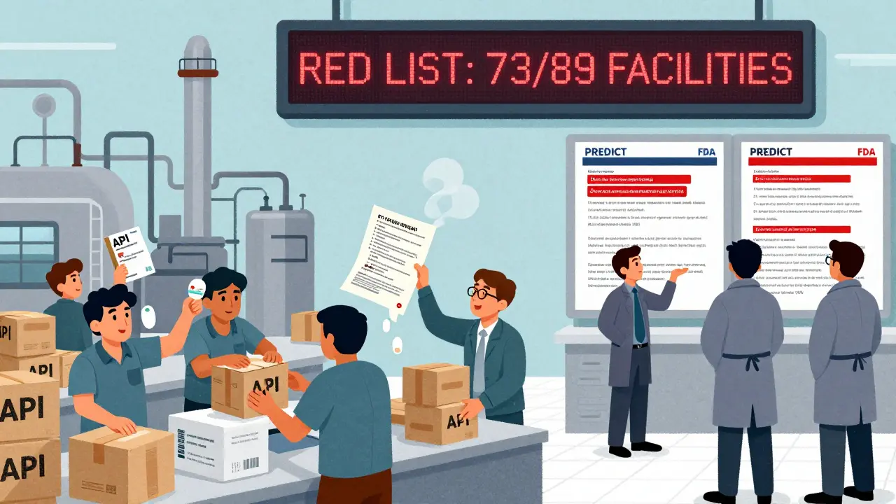 A pharmaceutical factory under a red list scoreboard with FDA inspectors reviewing fake documentation.