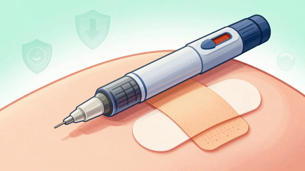 Close-up of insulin pen and patch on skin, cartoon style.