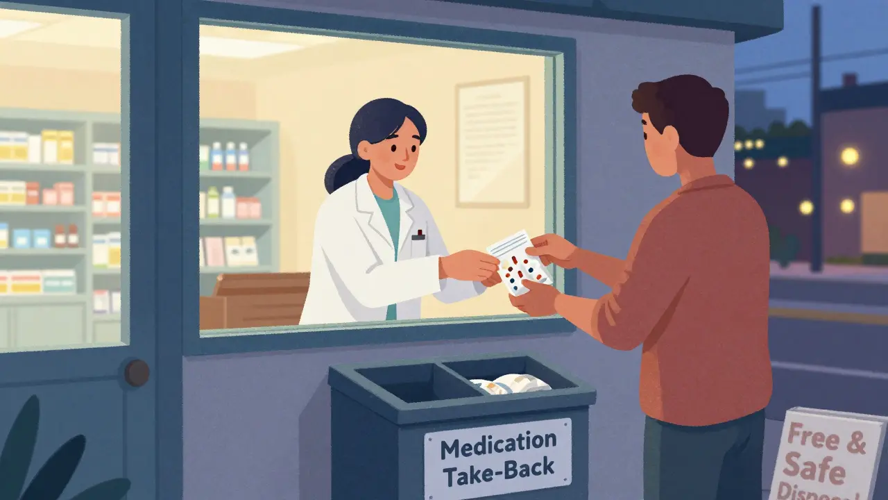 Community pharmacy drop-off bin for unused medications at dusk.