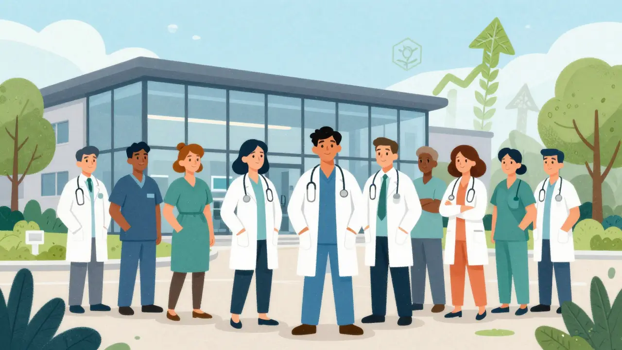 Diverse healthcare workers standing outside community health hub.