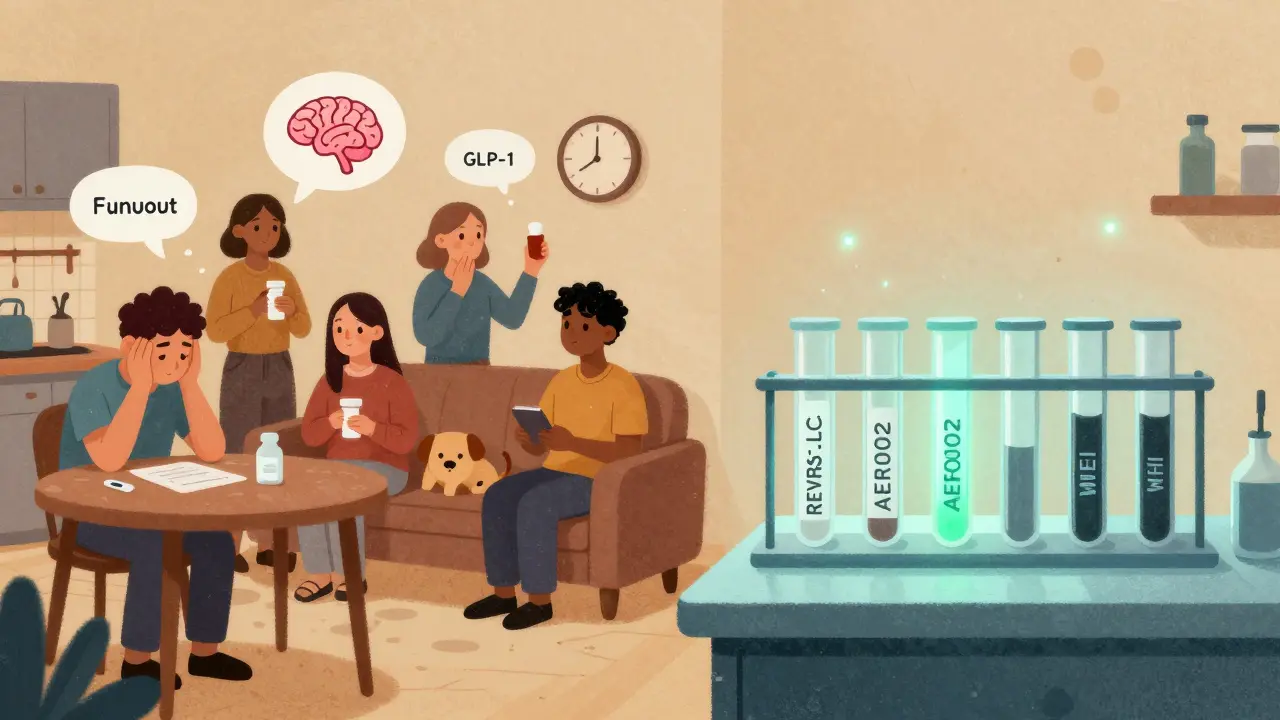 Diverse Long COVID patients at home with medication bottles, contrasted with lab test tubes labeled with ongoing research trials.