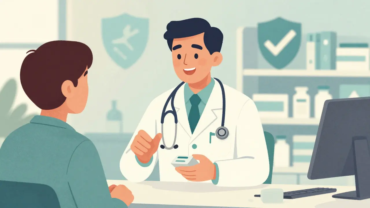 Doctor explaining medical device to patient, textured illustration.