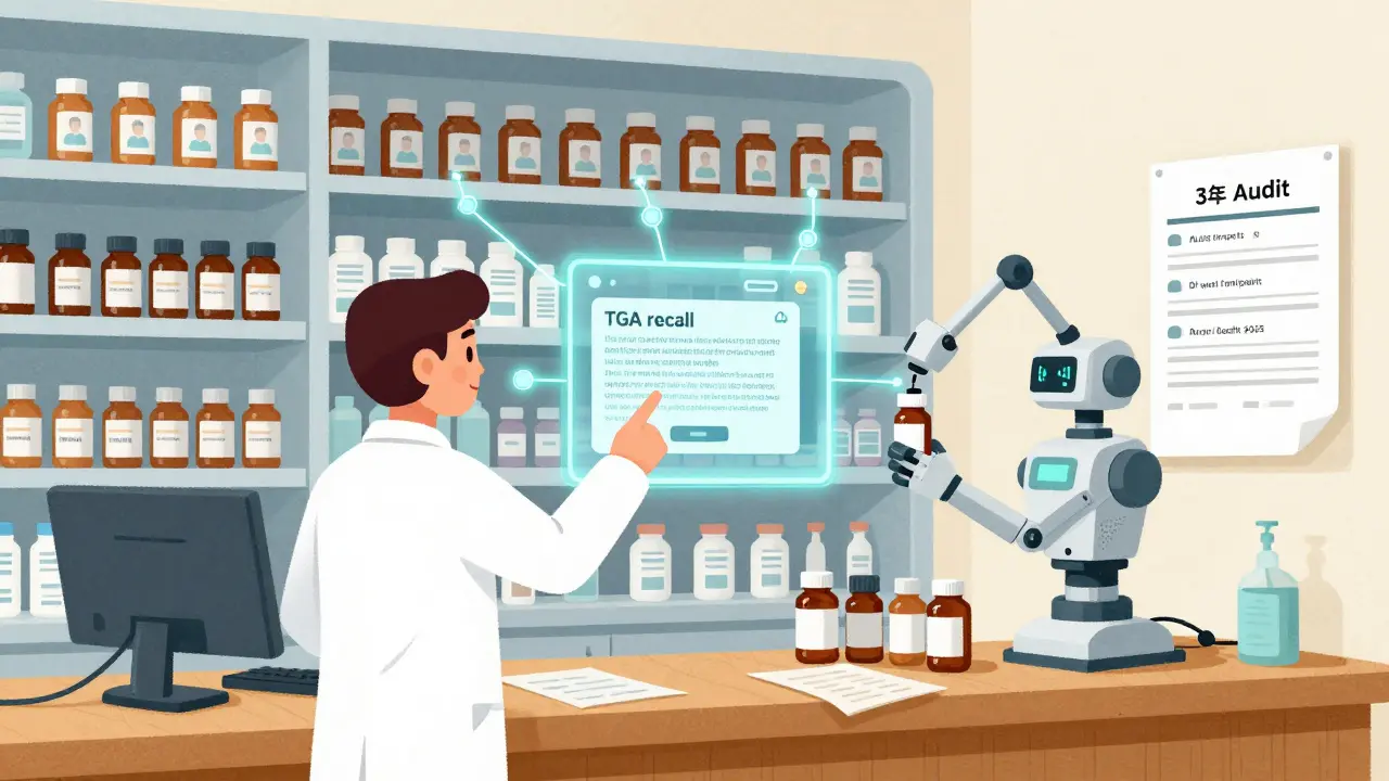 Futuristic pharmacy shelf with blockchain-tracked pills and an automated recall system in action.