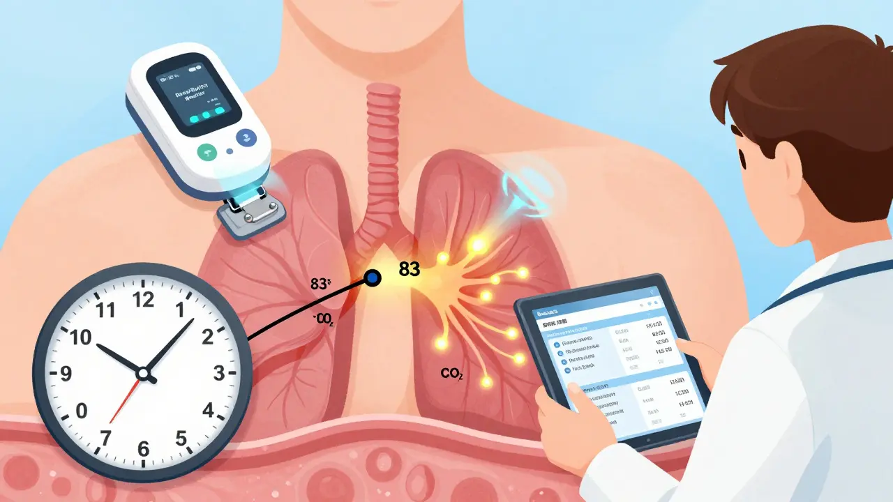 Futuristic RespiRhythm Monitor on a patient's chest, showing brain activity预警 83 seconds before breathing stops, with medical data on a tablet.