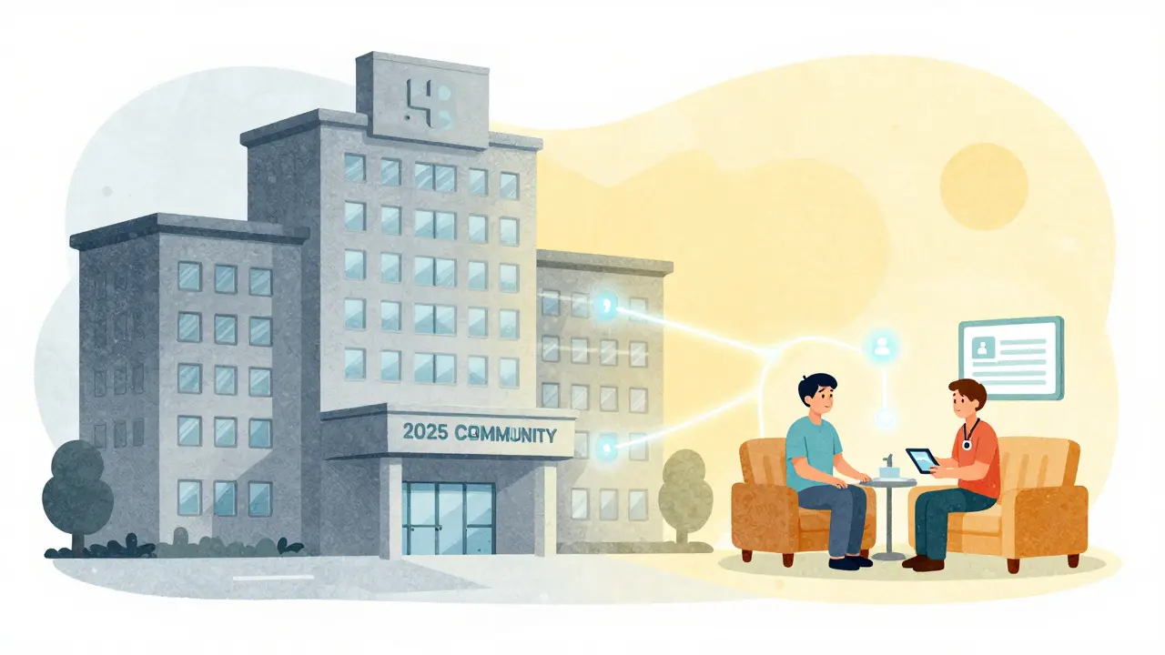 Hospital building transitioning into community clinic with digital connection.