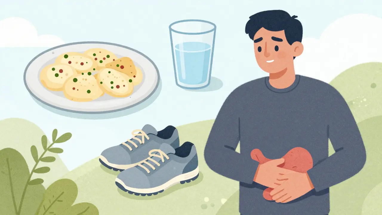 Illustration of food, water, and shoes symbolizing recovery.