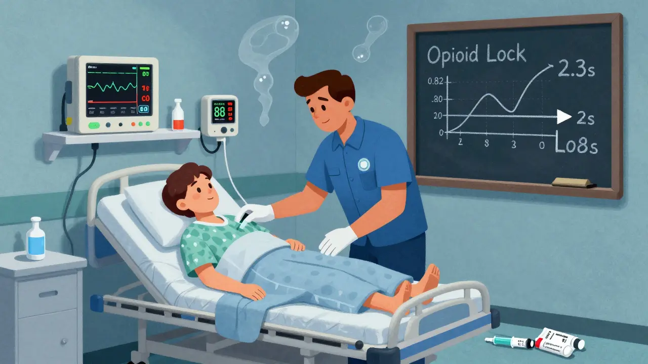 Paramedic monitoring a patient in an ER, capnography showing rising CO2, naloxone syringes on the floor, hand-drawn expiratory pause diagram.