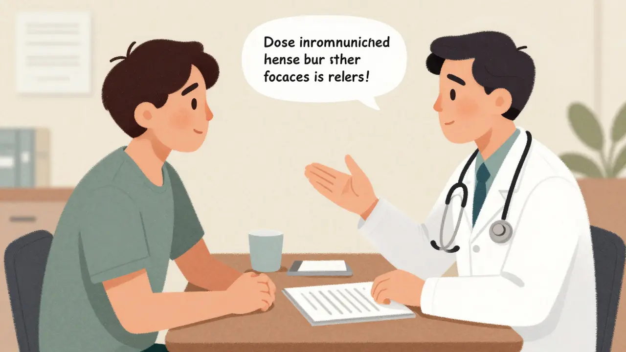 Patient and doctor discussing treatment options in office.