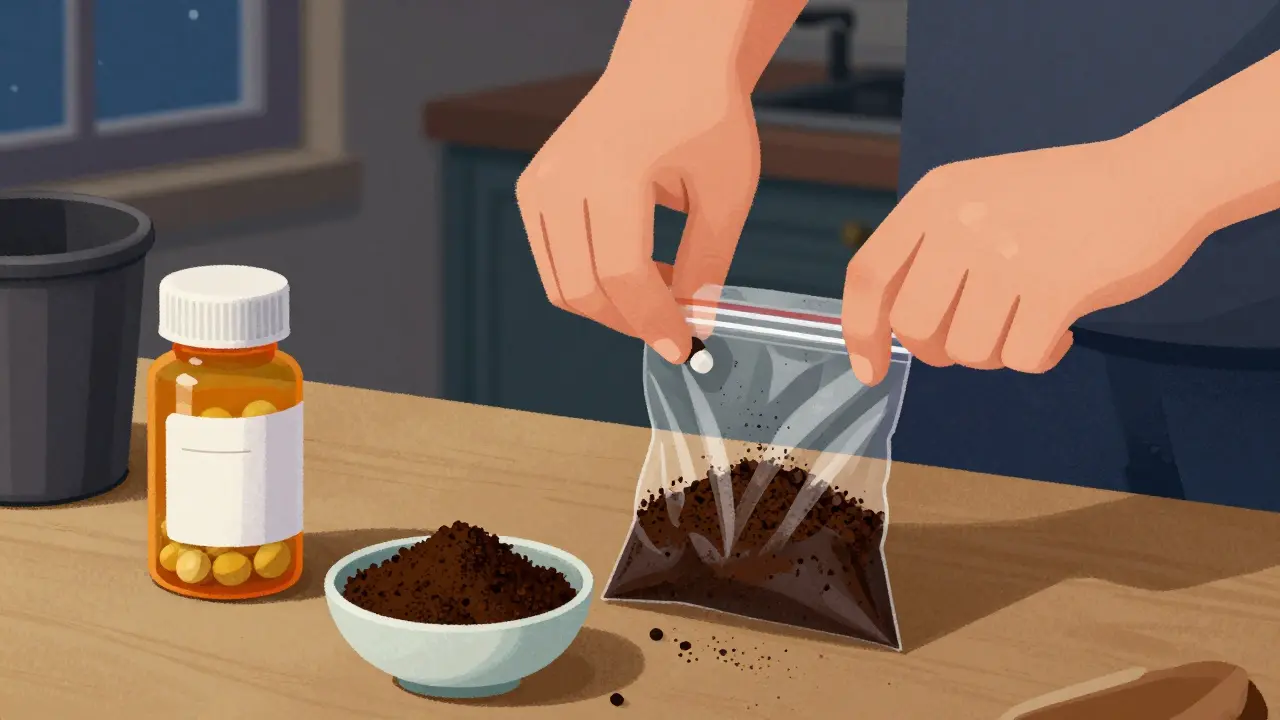 Person mixing pills with coffee grounds in a sealed bag for safe disposal.