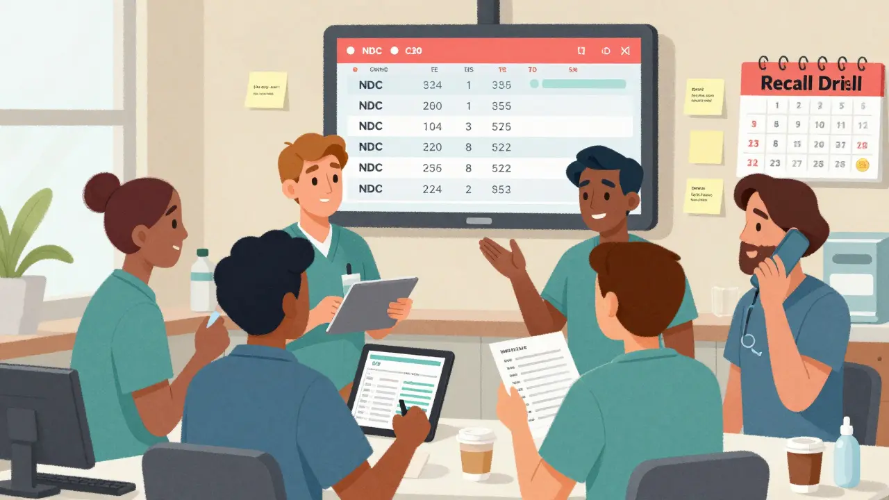 Pharmacy team collaborating to respond to a drug recall using inventory lists and patient records.