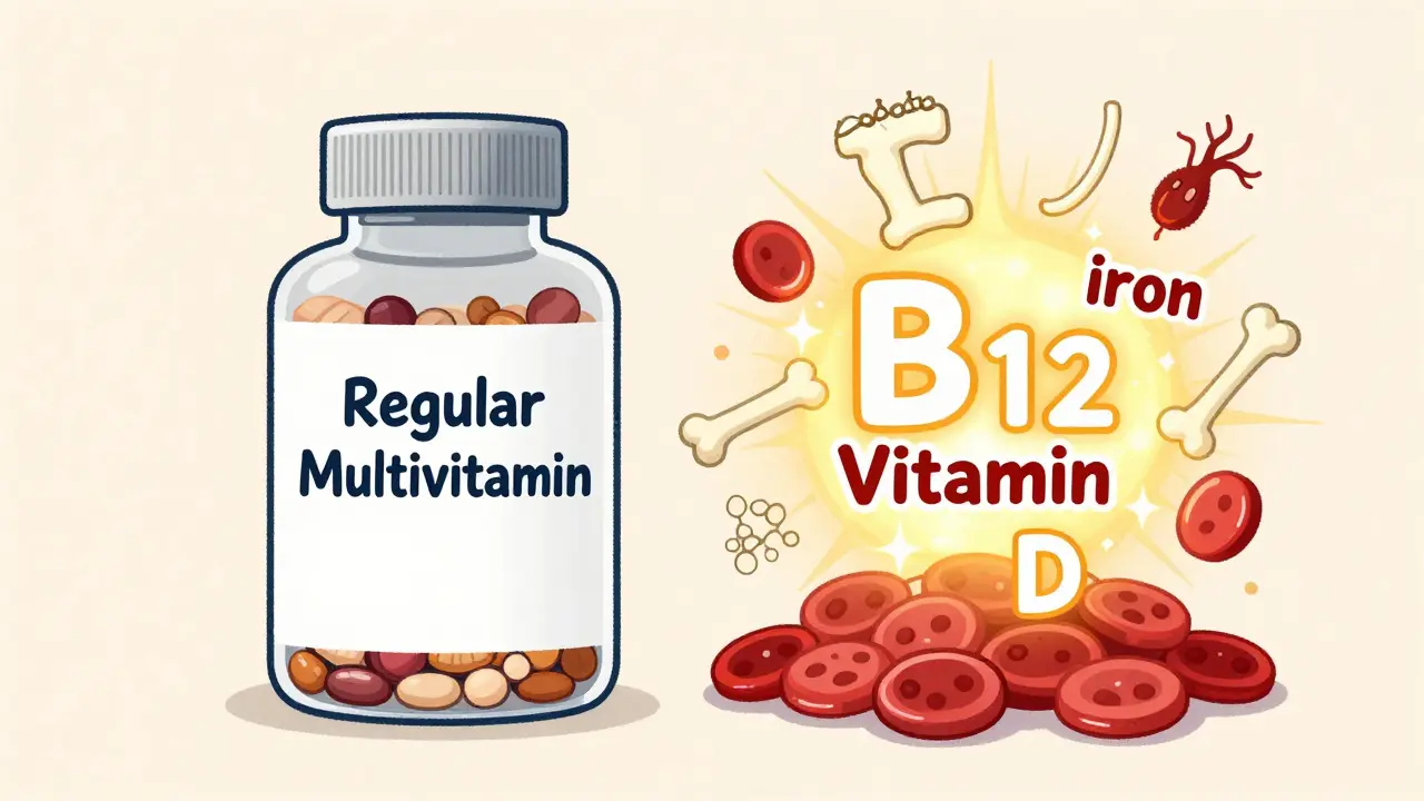 Side-by-side comparison of regular and bariatric vitamins, with oversized nutrient symbols highlighting key differences.