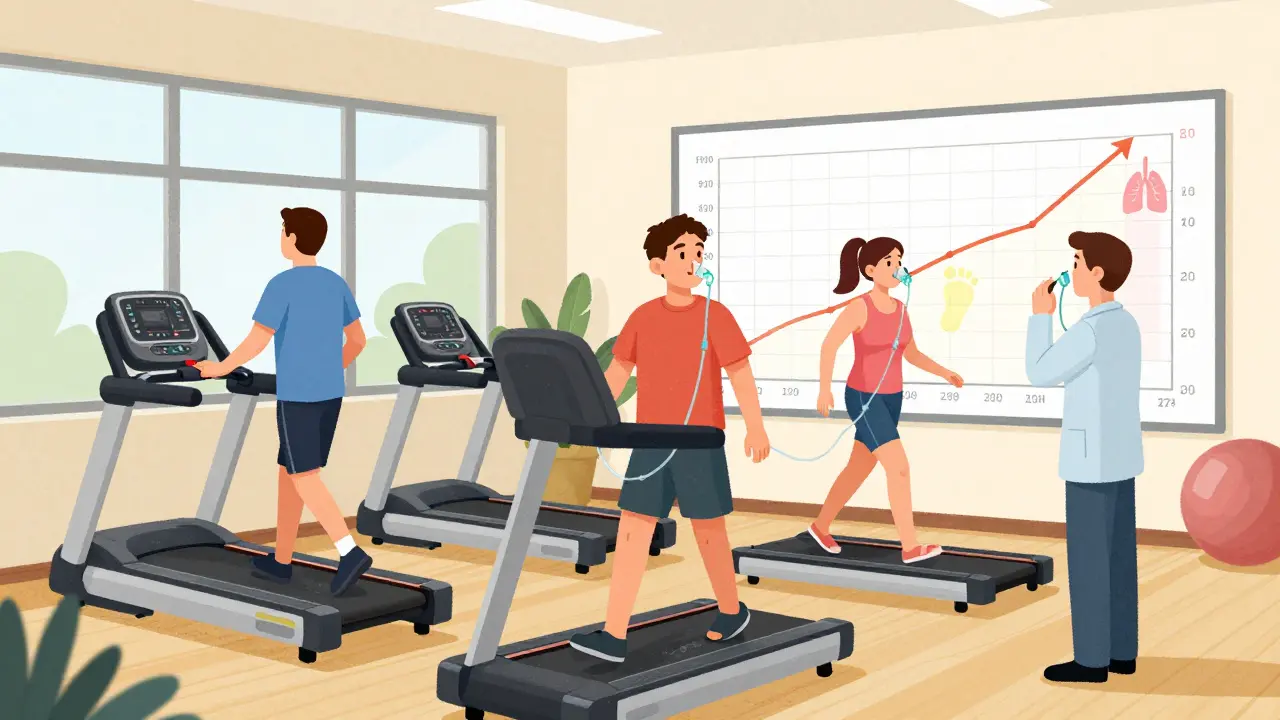 Three patients in a pulmonary rehab program, exercising with oxygen and a therapist guiding them.