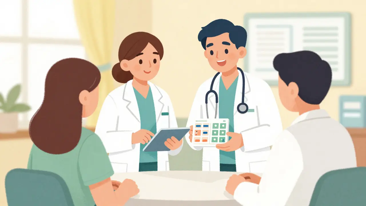 A psychiatrist and pharmacist collaborating to help a patient in a warm, supportive clinic setting.