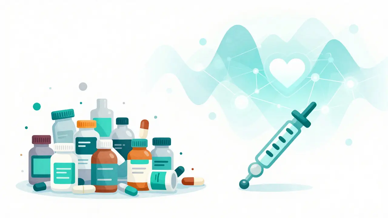 A transition from many complex pill bottles to a single simplified treatment option with digital AI elements.