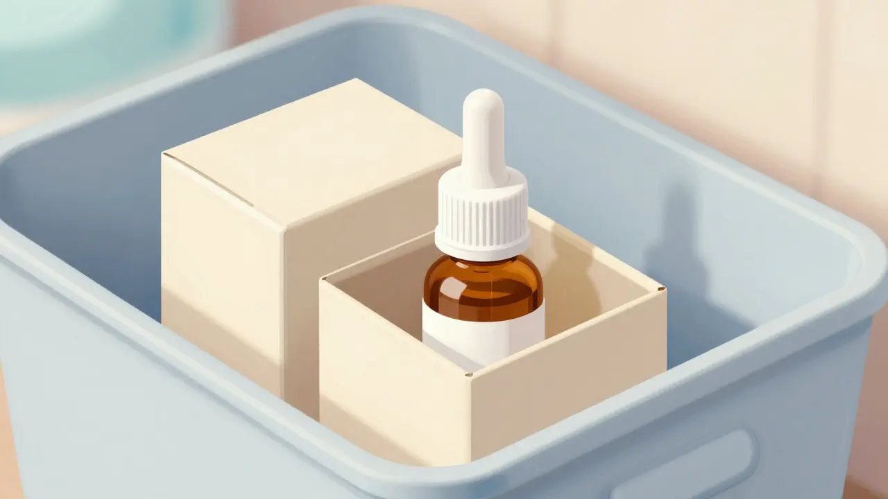 An amber eye drop bottle stored inside its original cardboard box for extra light protection