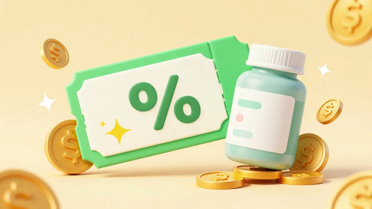 Cartoon depiction of a medical discount coupon with gold coins symbolizing savings