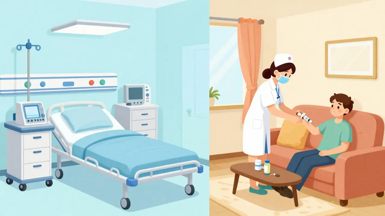 Comparison between a sterile hospital infusion room and a cozy home care setting.