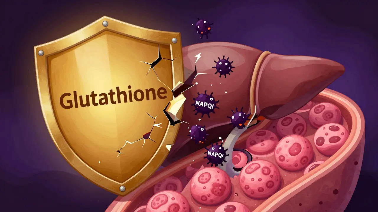 Conceptual illustration of NAPQI toxins breaking through a glutathione shield to attack liver cells.