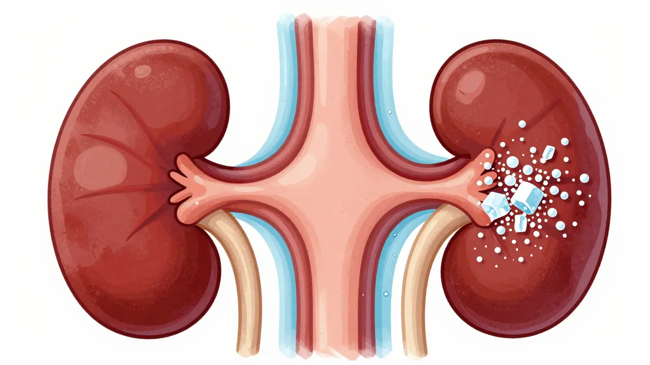 Conceptual illustration of narrowing blood vessels and sodium retention in the body.