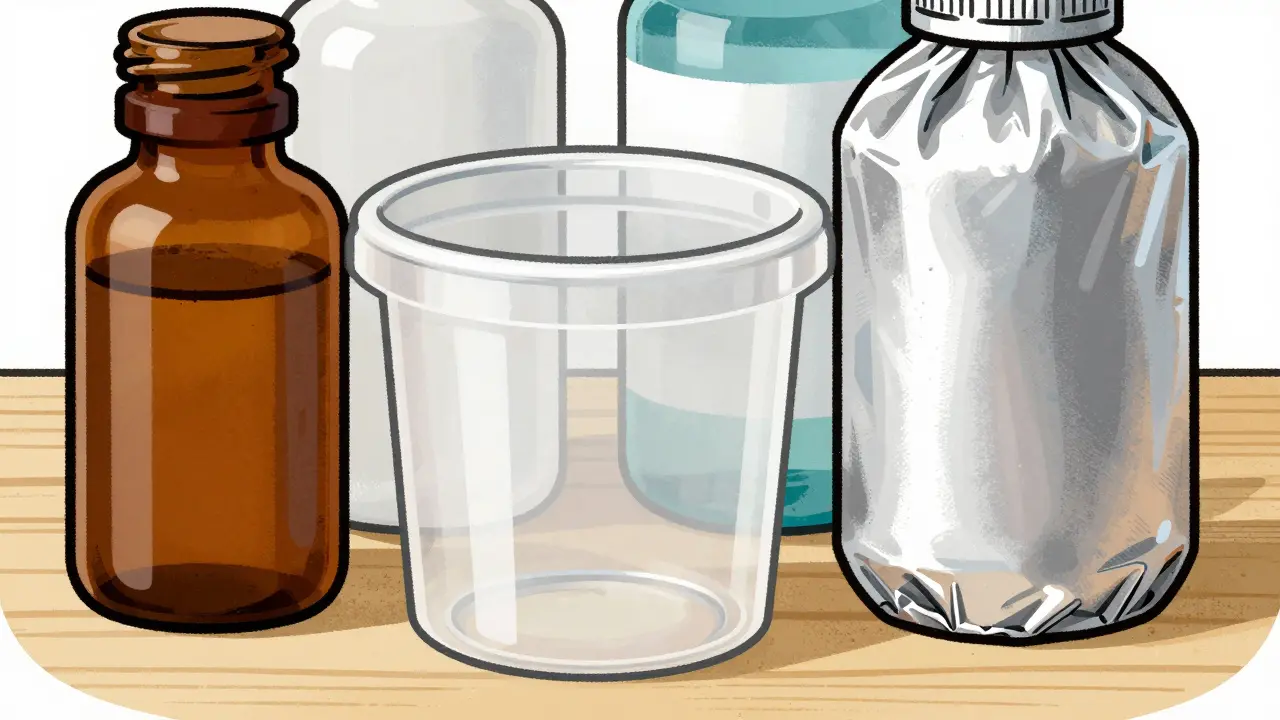 Different protective storage options including amber glass, opaque plastic, and aluminum foil wrapping