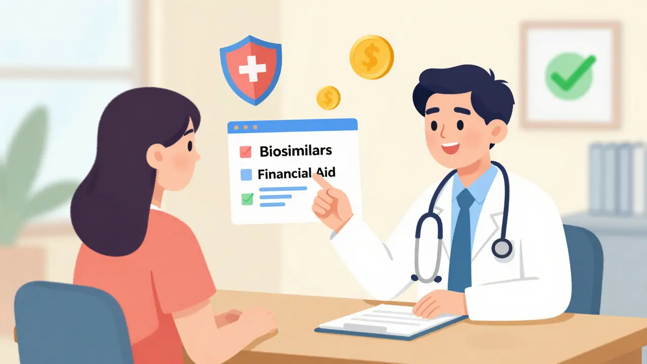 Doctor and patient discussing biosimilars and financial aid options.