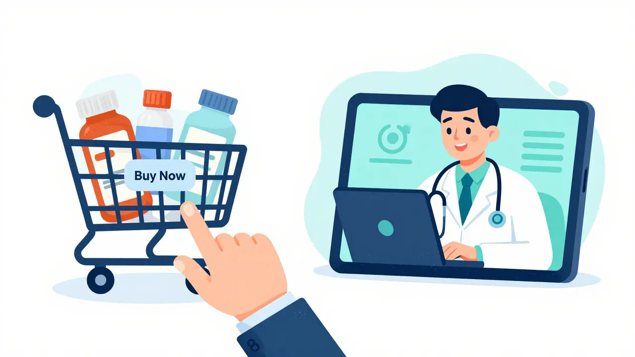 Illustration showing online shopping for medication and a telehealth doctor visit