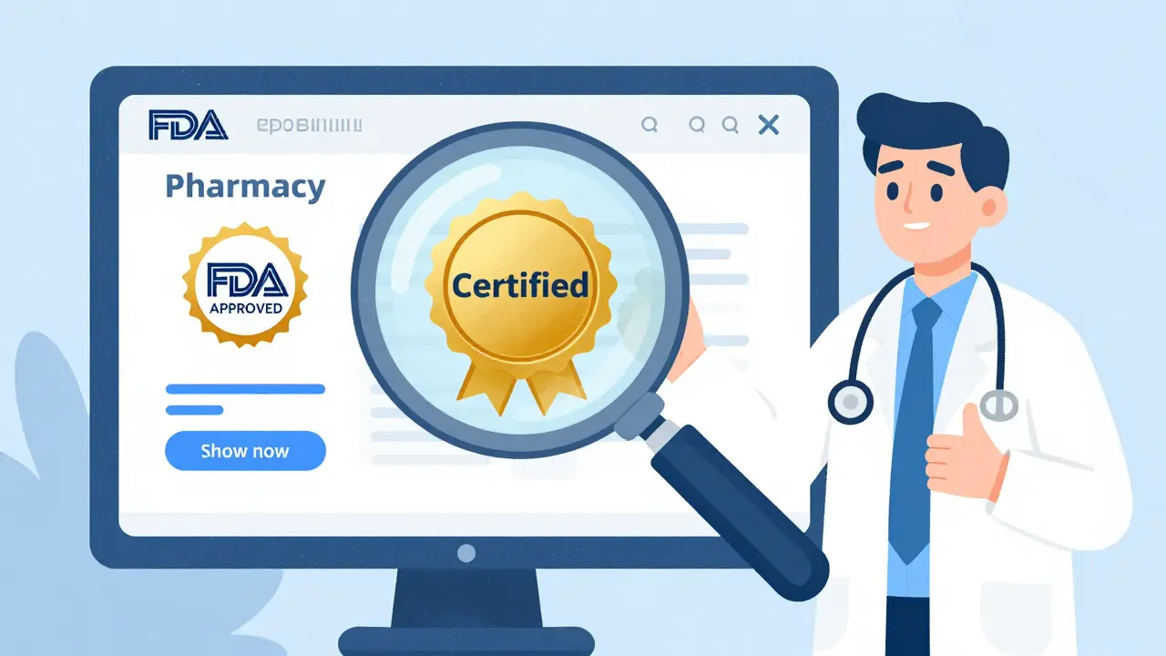 Magnifying glass highlighting certification seals on a safe online pharmacy website