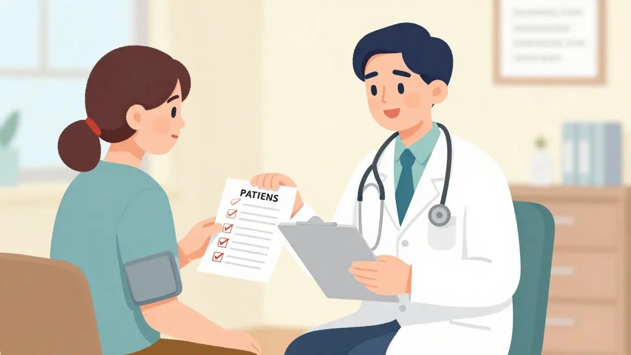 Patient and doctor reviewing a comprehensive list of medications in a clinic.