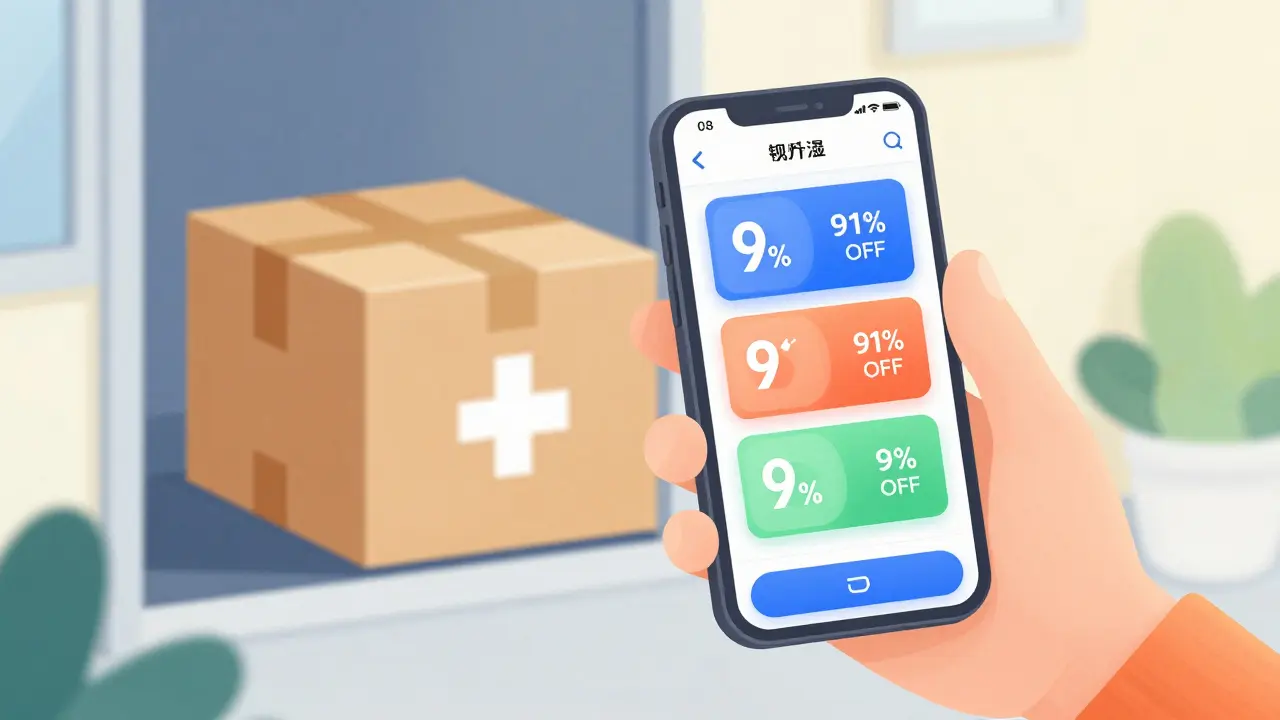Person using a smartphone app to find pharmacy discounts for home delivery