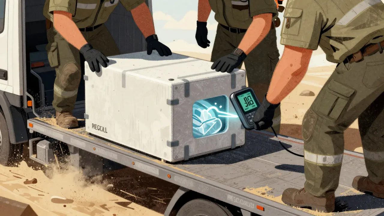 Soldiers checking temperature sensor on medical crate
